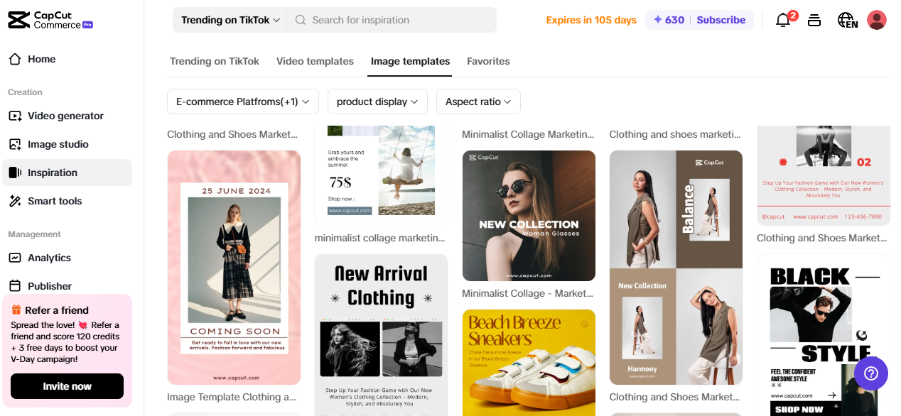 Pippit 介面展示了電子商務產品展示的圖像範本，這是一個副業創意的實用工具。